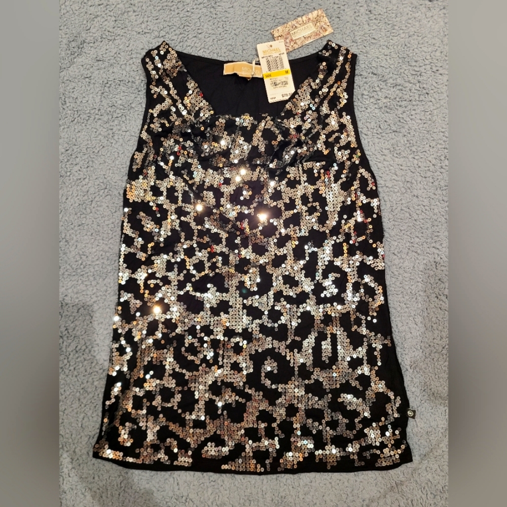 Brand New Michael Kors sequin black and silver top, size M
